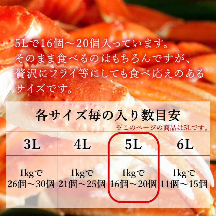 【本州送料無料！最大2,500円OFF】 ズワイガニ爪 5Lサイズ 1kg（16～20個）｜ボイル済・冷凍・ギフト・鍋料理に最適 さかな 冷凍